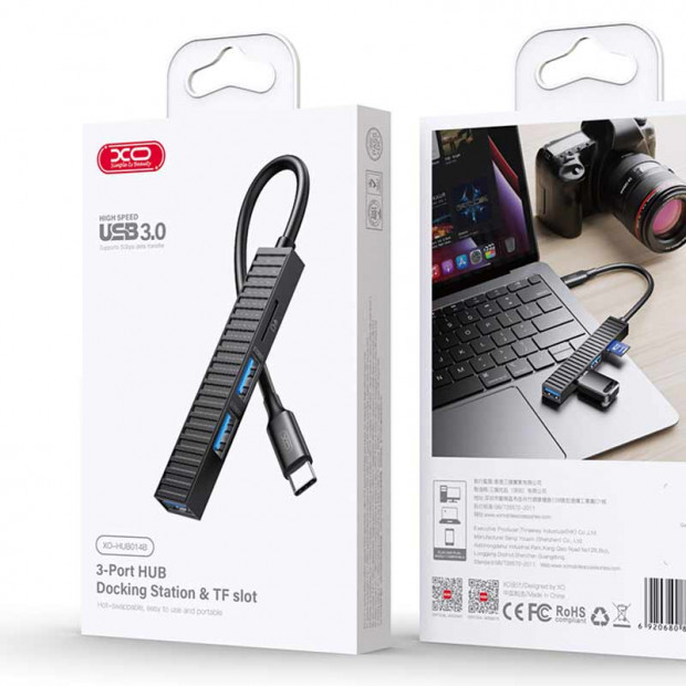 XO-HUB014B Plastic HUB 4in1 (Type-C to USB 3.0+USB 2.0*2+TF) Crni