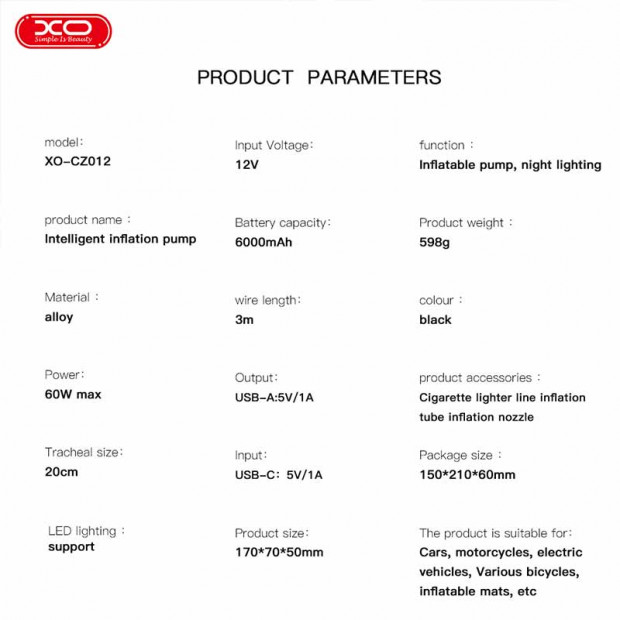 XO-CZ012 Wireless pumpa za gume 6000 mAh