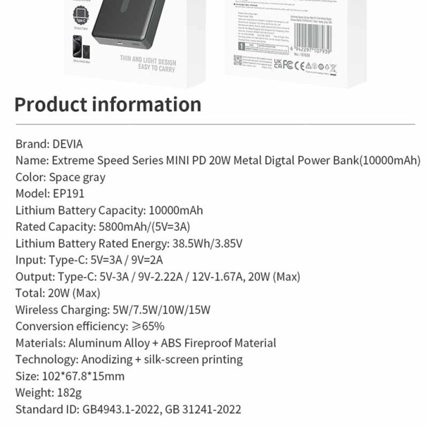 Powerbank Devia Mini PD 20W Metal Digital 10000mAh Sivi