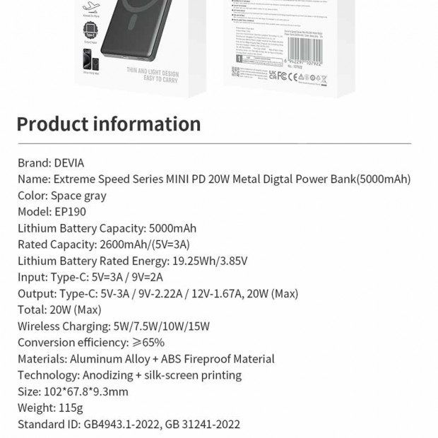 Powerbank Devia Magsafe Mini 20w 5000mah siva