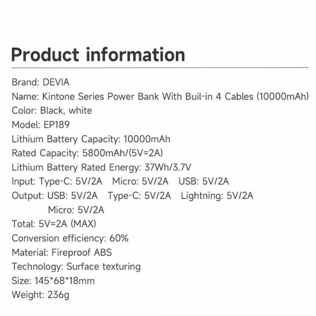 Powerbank Devia sa Built-in 4 kabla 10000mAh Beli