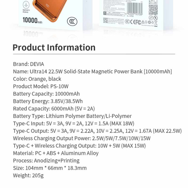 Powerbank Devia Ultra14 Magnetic PD 22,5W 10000mAh orange