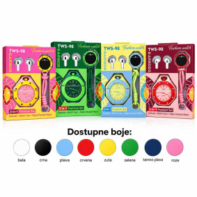 Bluetooth set TWS-98 (slusalice+futrola za slusalice+sat) beli