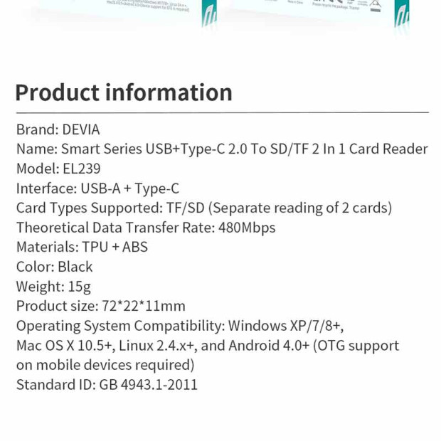 Devia 2in1 Card Reader USB+Type-C 2.0 to SD/TF