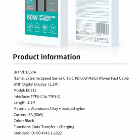 Extreme Speed devia cable C to C 60W metal with digital display 1.2m crni