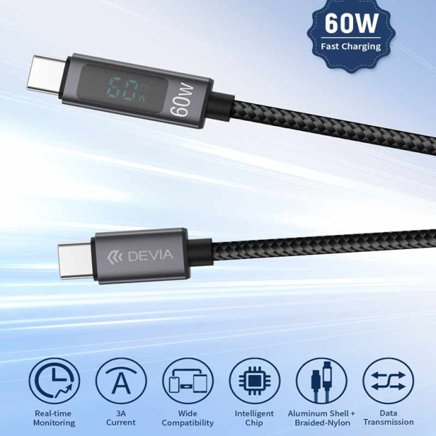 Extreme Speed devia cable C to C 60W metal with digital display 1.2m crni