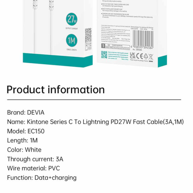 Kabl Devia Kintone Series Type-C na Iphone 27W 3A 1m beli