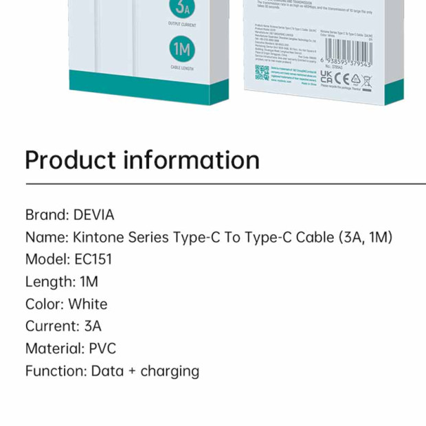 Kabl Devia Kintone Series Type-c na Type-c 60W 3A 1M