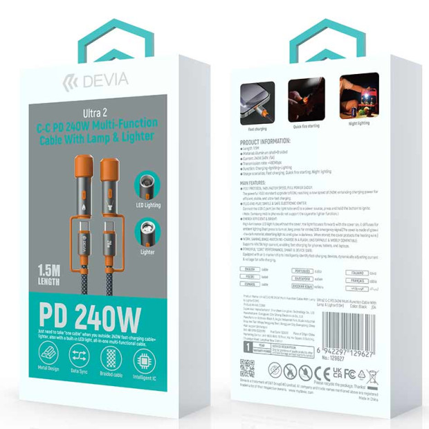 Devia Ultra 2 kabl C na C PD 240W sa Lampom i Upaljačem 1.5M