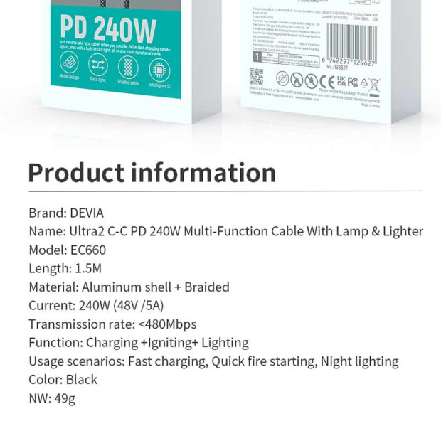 Devia Ultra 2 kabl C na C PD 240W sa Lampom i Upaljačem 1.5M