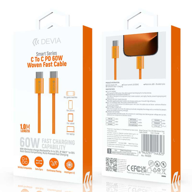 Woven Fast Cable Devia type C na C 60W 3A1M narandžasti Woven Fast Cable Devia type C na C 60W 3A1M narandžasti