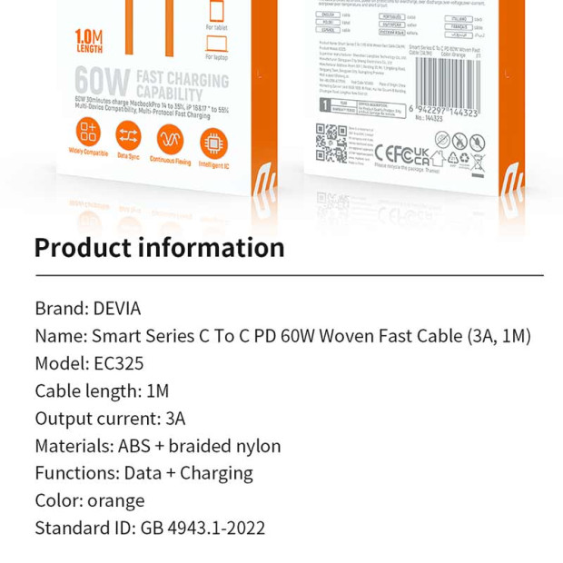 Woven Fast Cable Devia type C na C 60W 3A1M narandžasti Woven Fast Cable Devia type C na C 60W 3A1M narandžasti