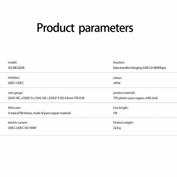 XO-NB-Q298 Kabl Type-c na Type-c 240W Beli XO-NB-Q298 Kabl Type-c na Type-c 240W Beli