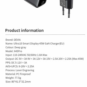 Devia Ultra10 GaN Charger with display 45w crni