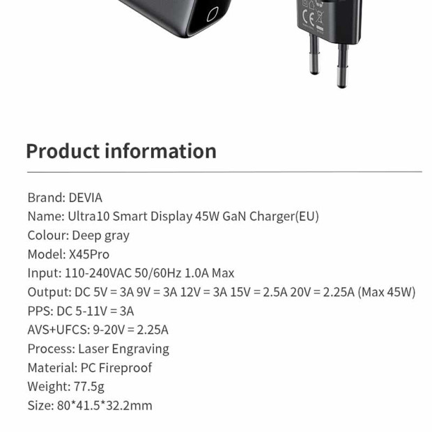 Devia Ultra10 GaN Charger with display 45w crni Devia Ultra10 GaN Charger with display 45w crni