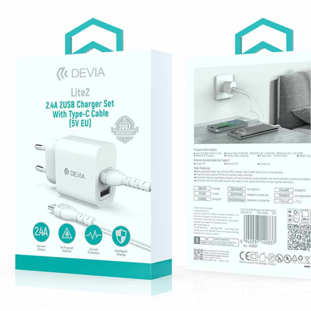 Kucni Punjac Devia Lite2 2.4A 2USB Set With Type-C Cable 5V