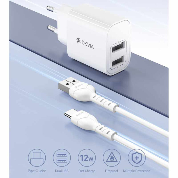 Kucni Punjac Devia Lite2 2.4A 2USB Set With Type-C Cable 5V