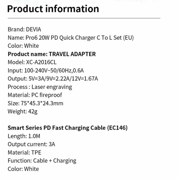 Smart Series Devia Charger Pro6 PD Quik Charger Set 20W Lightning Bela Smart Series Devia Charger Pro6 PD Quik Charger Set 20W Lightning Bela