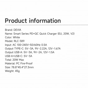 Adapter Devia Smart Series PD+QC Quick Charger 20W Bela