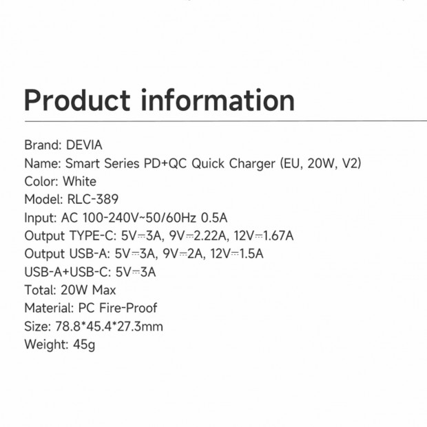 Adapter Devia Smart Series PD+QC Quick Charger 20W Bela
