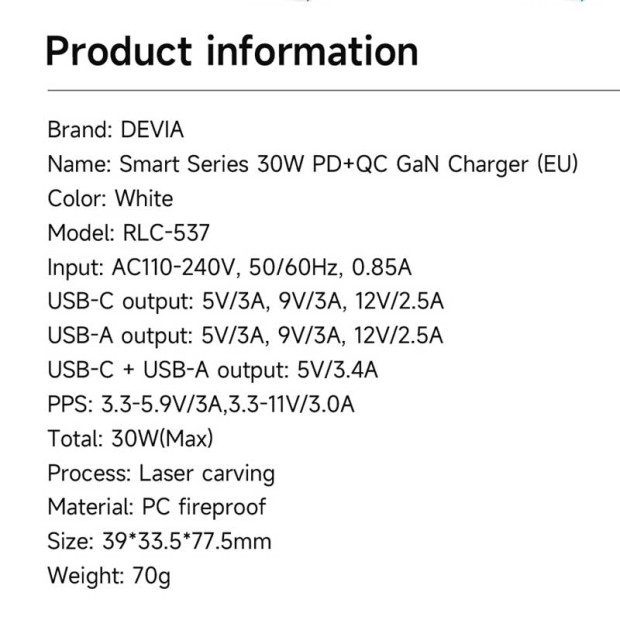 Adapter Devia Smart Series PD+QC Quick Charger 30W Bela Adapter Devia Smart Series PD+QC Quick Charger 30W Bela
