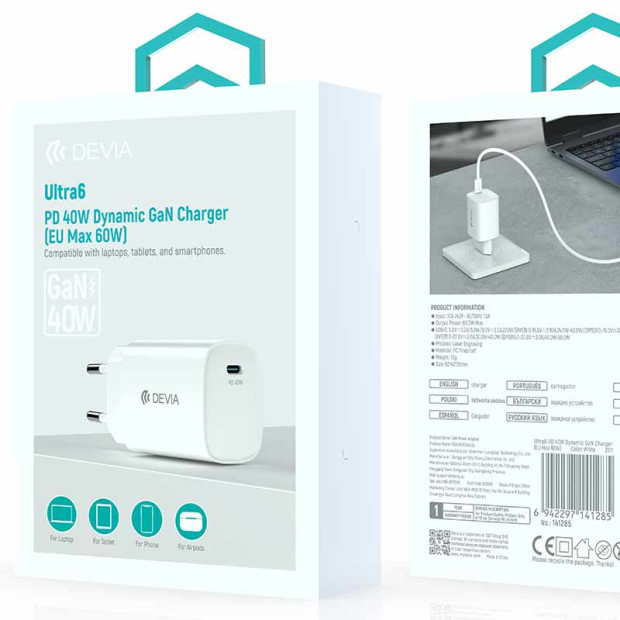 Devia Adapter RCE-6001CWLEU Ultra6 PD 40W Dynamic GaN Charger (EU Max 60W) beli