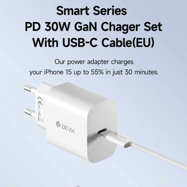 Kućni Punjač Devia PD Set sa Type-C kablom 30W Beli
