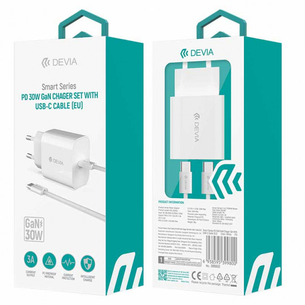 Kućni Punjač Devia PD Set sa Type-C kablom 30W Beli