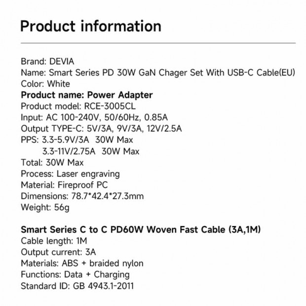 Kućni Punjač Devia PD Set sa Type-C kablom 30W Beli