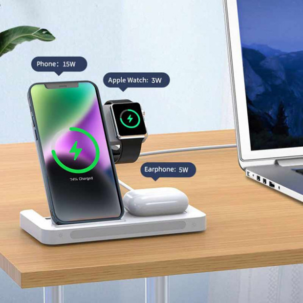 Punjač Devia 3u1 15W Beli Za telefon-smart watch-slušalice
