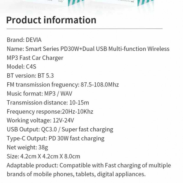 FM transmiter auto punjač Devia Smart PD30W+Dual USB Wireless MP3