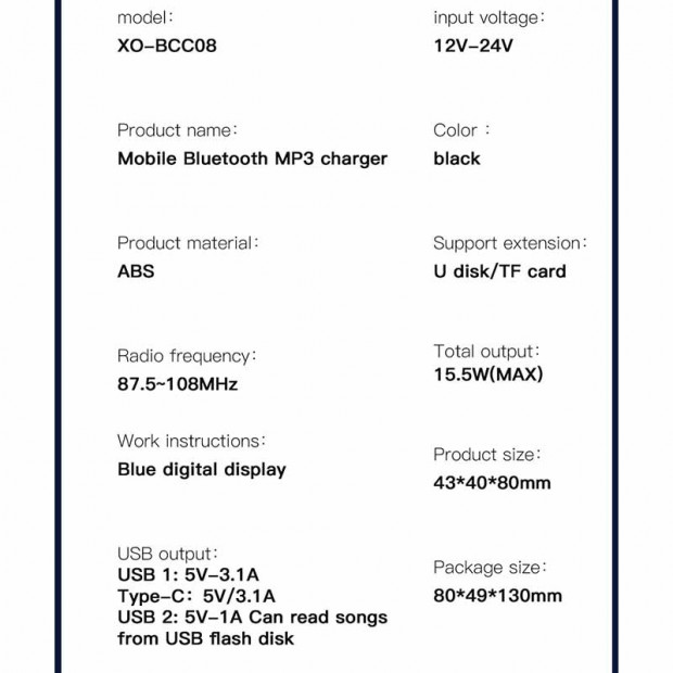 XO-BCC08 Autoadapter Multi-Functional MP3 Crni