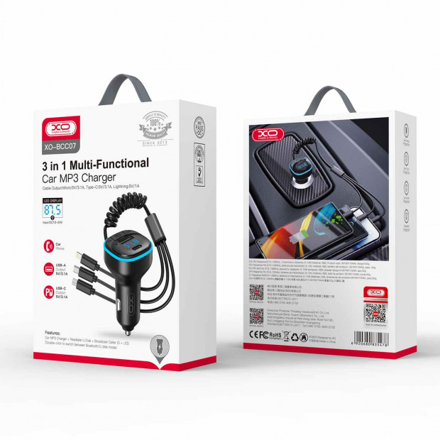 Transmiter XO BCC07 Smart Bluetooth MP3 Car Charger + One Drag Three Data Cable 5V3.1A with Ambient Light