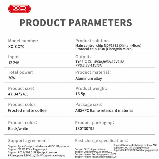 Auto Punjac XO-CC70 Mini Metal PD 30w