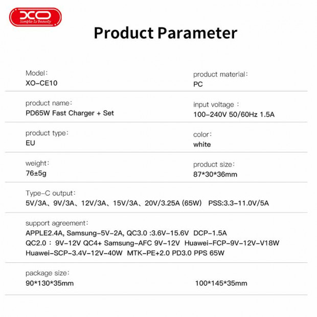 XO-CE10 Adapter 1USB-C PD 65W charger Beli