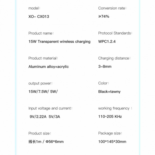 Bezicni punjac XO CX013 transparent design magnetic 15W wireless charger Crni