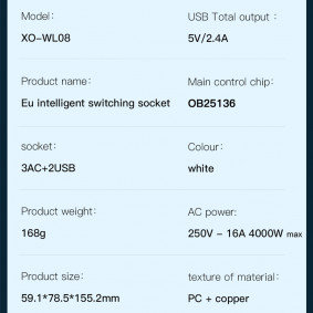 XO-WL08 Smart Wall plug (3AC+2USB 2.4A)