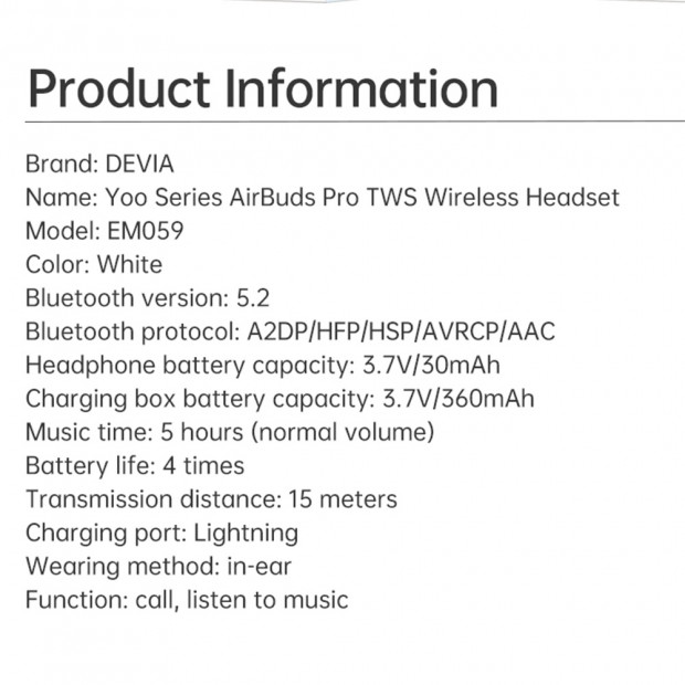 Bezicne Slusalice Devia AirBuds Pro TWS bele