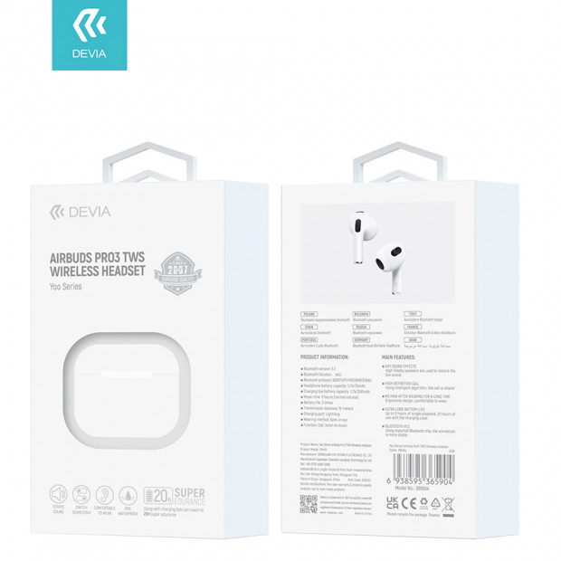 Bezicne Slusalice Devia AirBuds Pro3 TWS bele