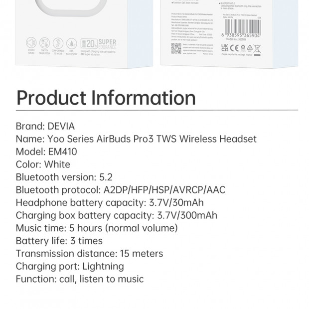 Bezicne Slusalice Devia AirBuds Pro3 TWS bele