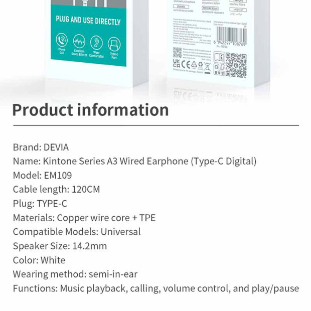 Slušalice Devia Kinton Series A3 Type-C Bele