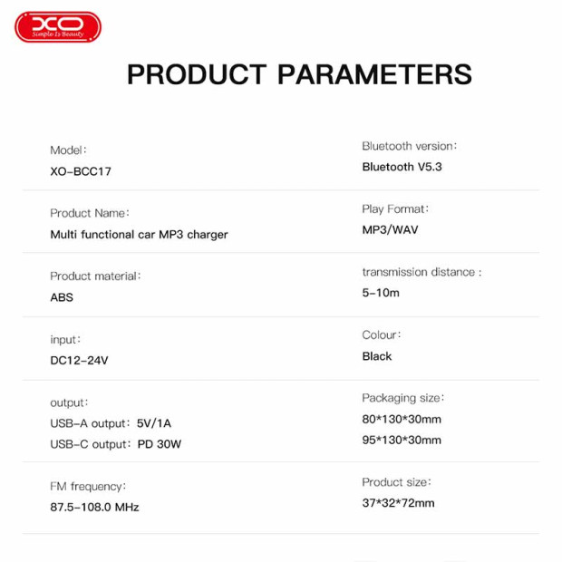 XO-BCC17 Transmitter FM Bluetooth MP3 auto punjač 30W XO-BCC17 Transmitter FM Bluetooth MP3 auto punjač 30W